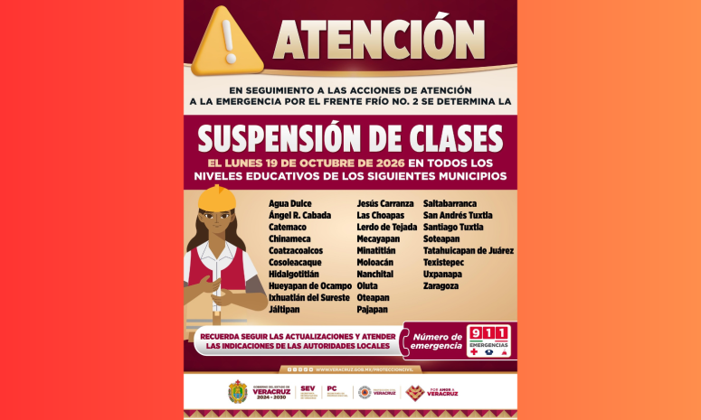 Gobierno del Estado de Veracruz suspende clases en 28 municipios